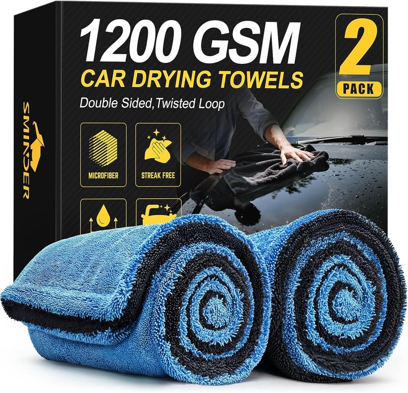 SMINDER 2-Pack 1200 GSM Car Drying Towels – Microfiber Towels for Cars (36" x 24"), Ultra-Absorbent, Streak-Free, Scratch-Free, No Water Spots, Double-Twist Pile & Edgeless Design(Blue) - Image 1